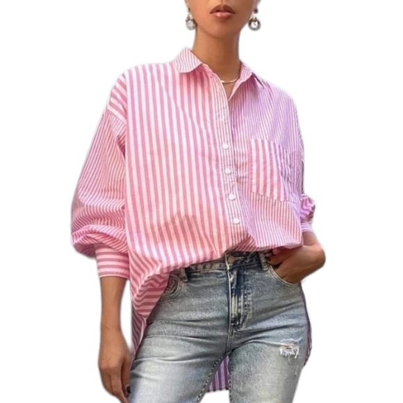 DECJUBA Tops - Decjuba Oversized Striped Pink White Button Up Shirt Size S NWOT